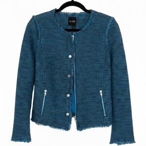 NIC+ZOE Blue Tweed Fringe Moto Jacket Blue Mix Zip Front Size Medium